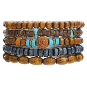 Five-piece multi-layer beaded bracelet set with turquoise accents and wooden beads