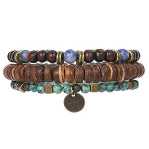 Bohemian three-piece stretch bracelet set with coconut husks, wood beads and turquoise stone