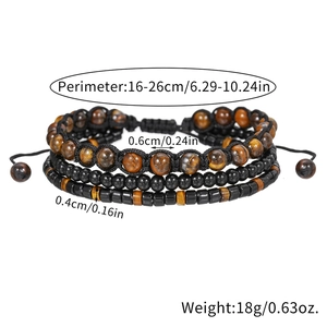 Detailed view of triple-layered tiger eye and black onyx beaded bracelet with adjustable cords