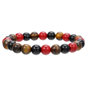 Detail van kralen elastische armband met rode, zwarte en tijgeroog natuurlijke stenen