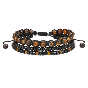 Three-piece men's bracelet set with tiger eye beads, black onyx, and woven cord
