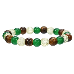 Detail van 8mm natuursteen armband met groene, tijgeroog en gebarsten gele kralen