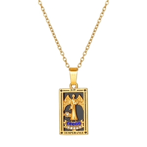 Golden tarot Temperance card rectangular pendant necklace with blue and white zircons