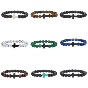 Natuursteen Kralen Armband Met Zwarte Kruis Hanger Voor Heren Dames Lavasteen Tijgeroog Religieuze Elastische Sieraden