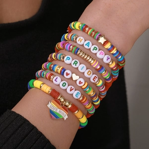 Rainbow polymer clay beaded bracelet set with heart pendants and letter charms