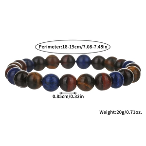 Detailed size specs for mixed tiger eye and blue stone beaded bracelet with 8.5mm beads