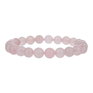 Dettaglio di un bracciale in quarzo rosa naturale con perline di cristallo lisce e lucide