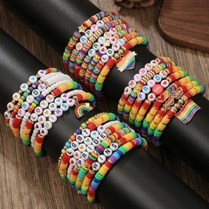Rainbow Pride Beaded Bracelet Set For Men Women Polymer Clay Beaded Elastic Heart Pendant Love Wins Jewelry Gifts