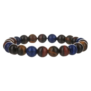 Detail of beaded bracelet with tiger eye, lapis lazuli and red stone on white background