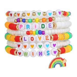 Rainbow clay bead bracelet set with love wins heart pendant for Pride fashion