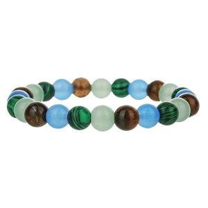Detailed view of natural tiger eye and malachite beaded lucky bracelet on white base