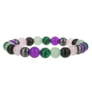 Macro detail of elastic bead bracelet with rose quartz, amethyst and hematite stones
