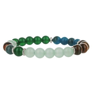 Macro detail of 8mm natural stone beads including tiger eye and jade with silver spacers