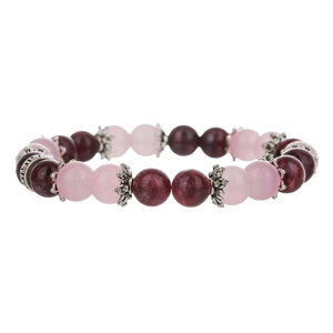 Retro beaded bracelet with pink quartz, garnet stones and vintage silver spacers