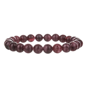 Close-up of deep purple natural stone beads with translucent texture on elastic bracelet