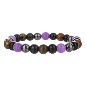 Detailed close-up of mixed natural stone beads including amethyst and tiger eye on a stretch cord