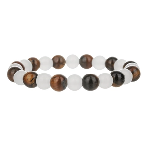 Detail of beaded bracelet featuring polished white cat-eye and brown tiger-eye stone beads