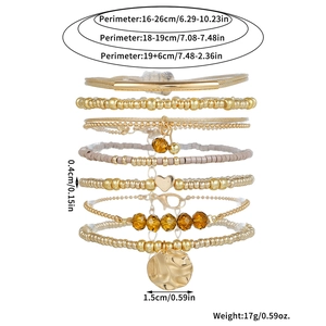 Detailed size specifications for 7-piece bohemian beaded heart charm bracelet set