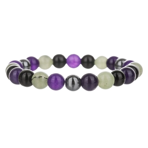Macro shot of mixed beads bracelet featuring amethyst, obsidian, and hematite stones