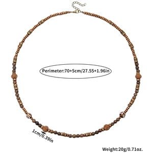 Detail view of Bohemian coconut husk beads and wooden stones with dimension specifications