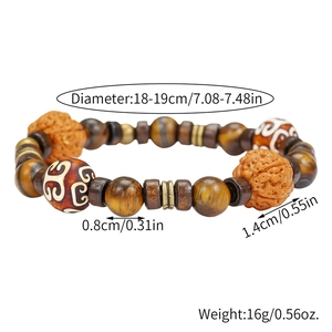Detailed view of bohemian wood beads and tiger eye stones with size specifications