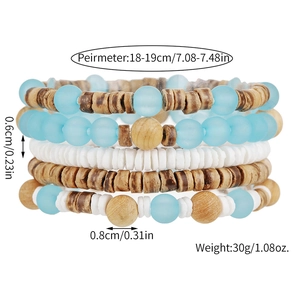 Bohemian stacked beaded bracelets set with wooden beads and blue sea shell accents