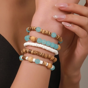 Bohemian multilayer beaded bracelet set with wood beads and ocean blue shells for women
