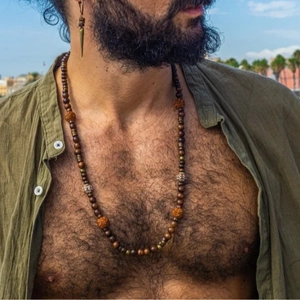 Bohemian men's necklace with coconut shell wood beads and retro metal spike earring set
