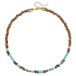 Boho Herrenhalskette mit Kokosnussschale, Türkis und Tigerauge Perlen auf weißem Grund