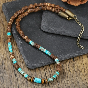 Halskette aus Kokosnussschale mit blauen Türkis- und Tigerauge-Perlen für den Sommer