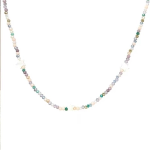 Colorful beaded star necklace featuring pastel faceted beads and white star charms