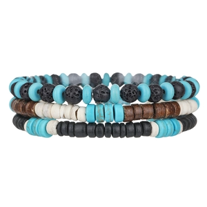 Driedelige stapelbare kralenarmbandset met lavasteen turquoise en houten kralen