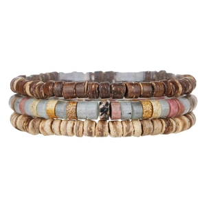 Three-piece bohemian set with natural stone and dark wood beads for a layered beach style