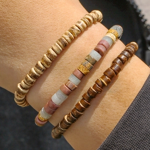 Bohemian style 3-piece stacked beaded bracelet set with natural wood and marble stones