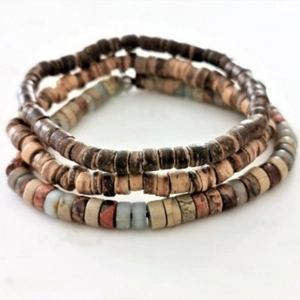 Three-layer stacked wooden and natural stone bead bracelet in beach bohemian style