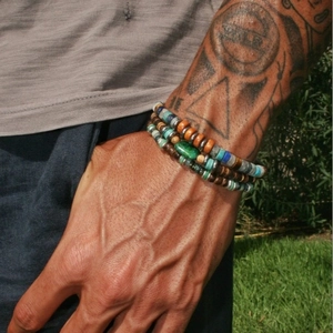Bohemian multi-layer men's bracelet set with natural turquoise and tiger eye stone beads