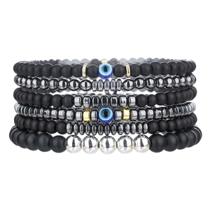 Natuursteen Kralen Armband Set Voor Heren Dames Mat Zwart Agaat Lavasteen Boze Oog Handgemaakt Hip Hop Sieraden Cadeau