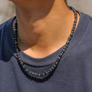 Men's bohemian natural black lava rock and blue stone beaded necklace for summer holiday