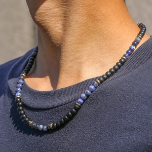 Men's bohemian beaded necklace with matte black onyx and blue sodalite natural stones
