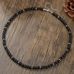 Natural black volcanic stone and agate beaded necklace with silver lobster clasp for men