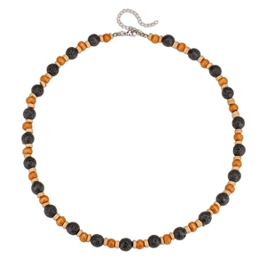 Ethnic style necklace with black volcanic stone, wood beads, and silver adjustable clasp