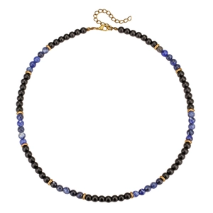 Men's bohemian natural black agate and blue stone beaded necklace with gold metal spacers