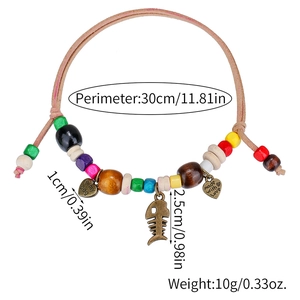 Colorful wooden bead pet necklace with leather cord and heart-shaped metal charms