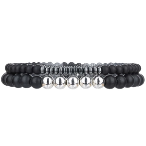 Dubbellaagse herenarmband met 6mm matzwarte agaatkralen en zilveren metalen accenten