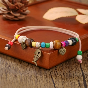 Boho wood bead layered pet necklace with adjustable heart and fishbone charms