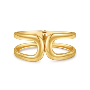 Minimalist double-layered gold alloy hollow bangle featuring a central spring hinge design