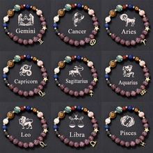 Collezione di nove bracciali in perline di pietra naturale con ciondoli zodiacali oro