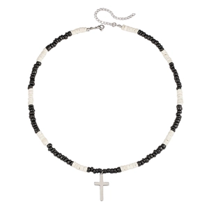 Bohemian black and white wood bead necklace for men featuring a stainless steel cross pendant