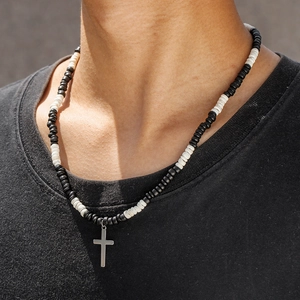Bohemian men's necklace with black and white wood beads and stainless steel cross pendant