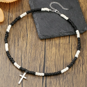 Bohemian Wood Bead Men's Necklace With Stainless Steel Cross Pendant Black White Beads Summer Beach Vacation Jewelry